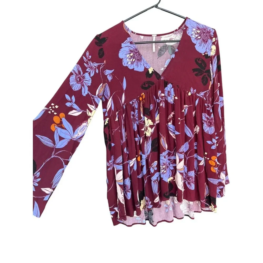 Free People Bella Top XS Burgundy Floral Boho Babydoll Tunic Bell Sleeve